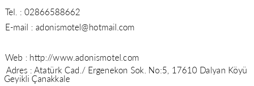 Adonis Motel telefon numaralar, faks, e-mail, posta adresi ve iletiim bilgileri